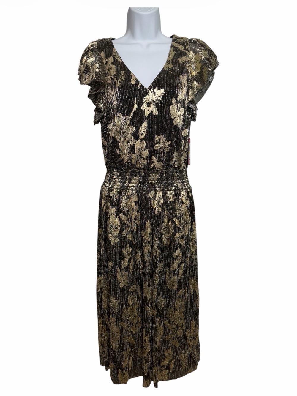 NWT Vince Camuto Gold Foil Floral V-Neck Maxi Dress Size Medium Rich Black - Picture 2 of 10